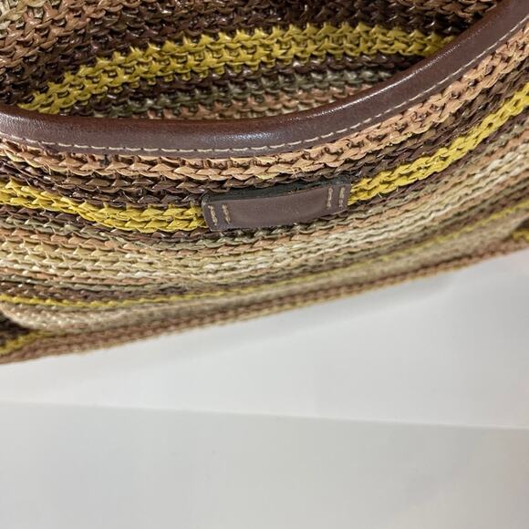 Straw Stripes Bag Brown Yellow with Leather like straps - Picture 11 of 14